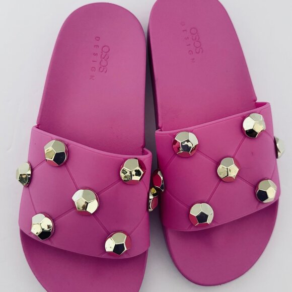 ASOS Design Women's Pink Slides Sandals US Size 8 Embellished with Gold Studs - Picture 12 of 14